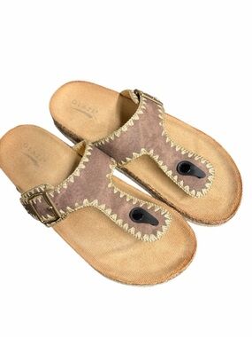Glaze Tan Leather Thong Sandals Gold Stitching Size 7 Boho Slip On